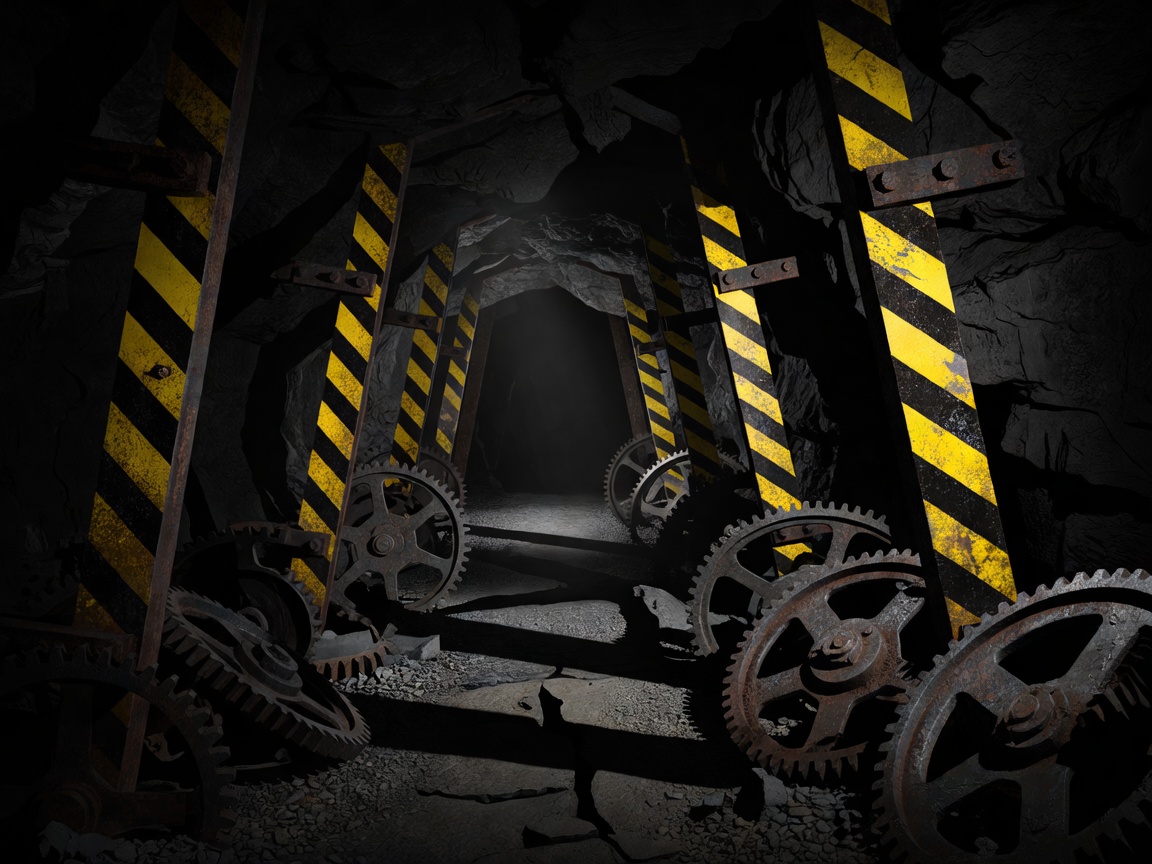 A high-contrast conceptual drawing of warning stripes and gear elements inside a dark cave mining system