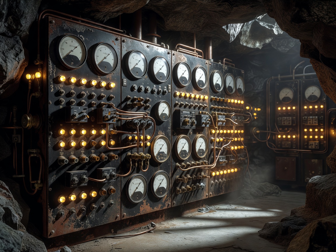 Subterranean control panel with glowing gold amber LED indicators and complex gauges