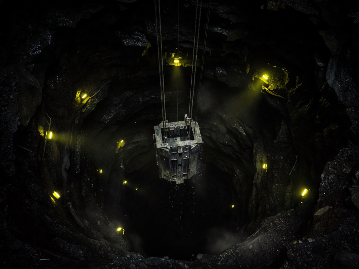 A deep mine shaft elevator going down into dark space with ambient safety yellow warnings lights blinking