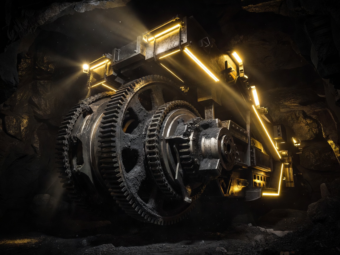 A heavy mining machinery drill gear in a dark setting lit by dramatic neon gold lighting accents