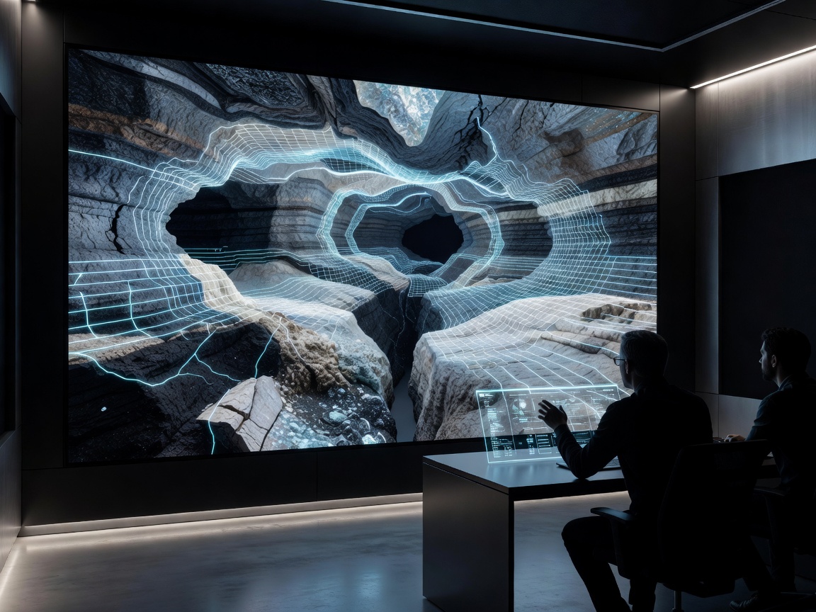 Advanced geological diagnostic screen showing 3D structural cave models and telemetry grids in Helsinki studio