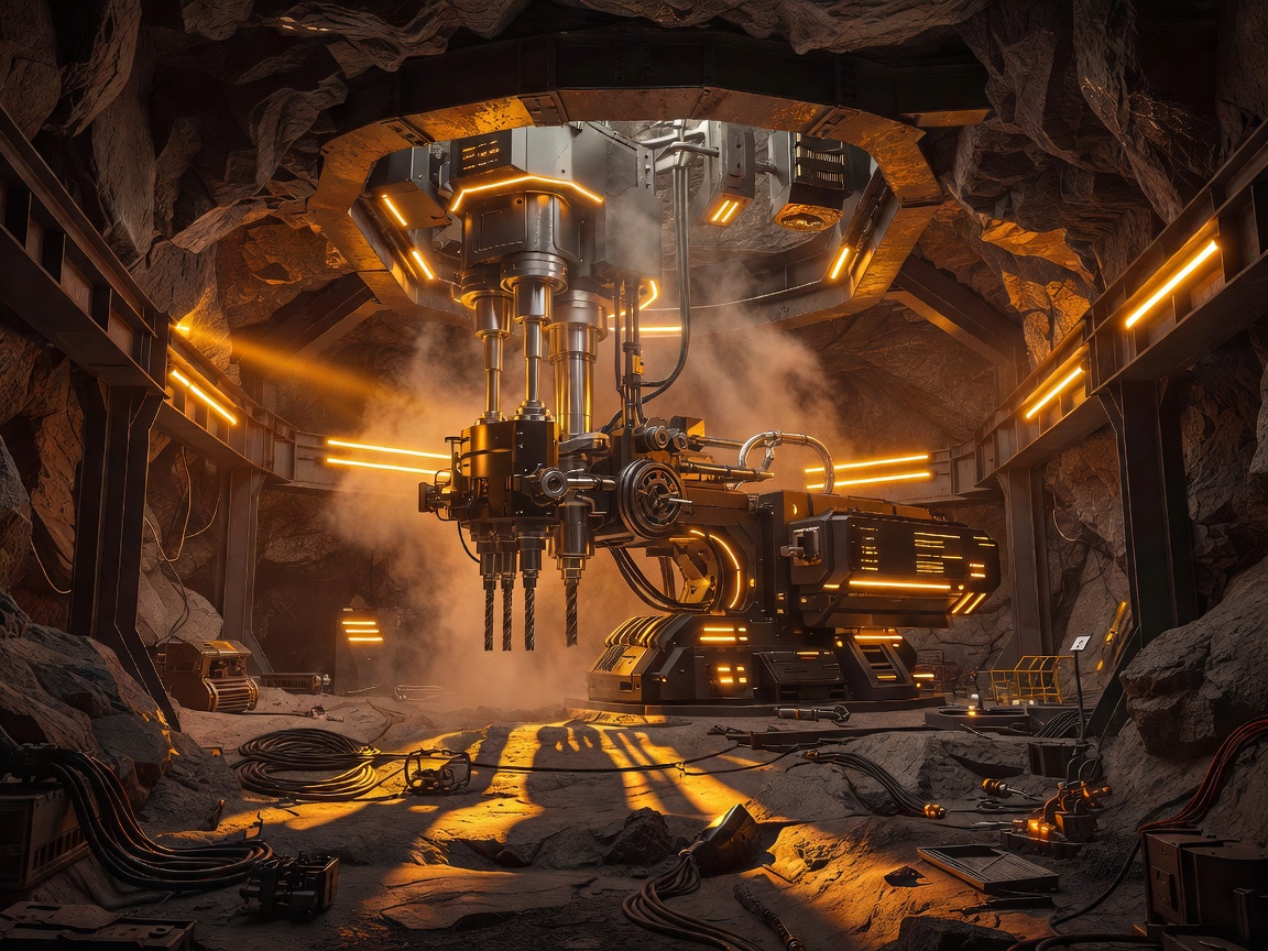 A cinematic visual showcasing a high-tech subterranean drilling environment with neon warm amber industrial illumination